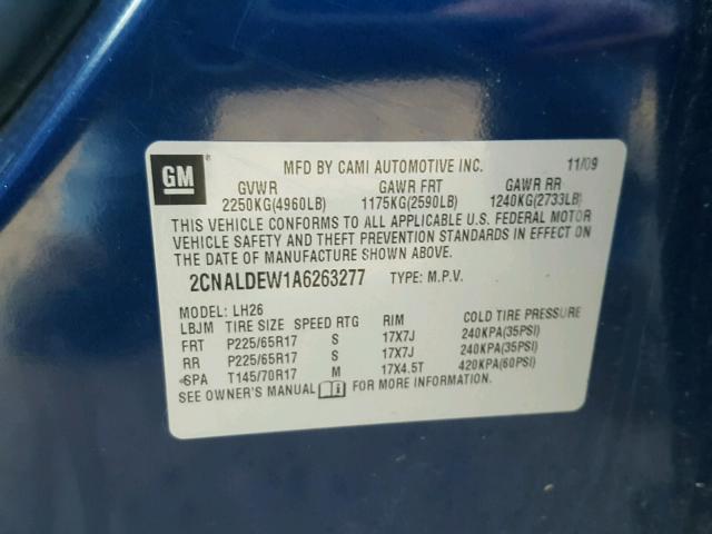 2CNALDEW1A6263277 - 2010 CHEVROLET EQUINOX LT BLUE photo 10