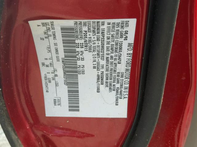 1FAFP52U8WG275527 - 1998 FORD TAURUS LX RED photo 10