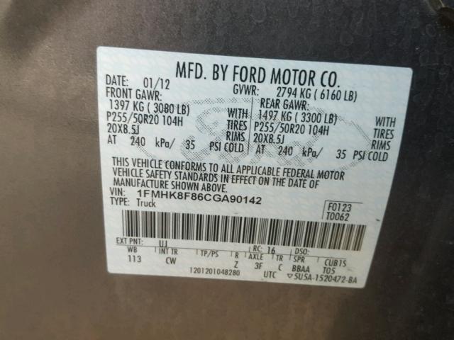 1FMHK8F86CGA90142 - 2012 FORD EXPLORER L GRAY photo 10