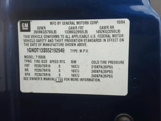 1GNDT13S552192949 - 2005 CHEVROLET TRAILBLAZE BLUE photo 10