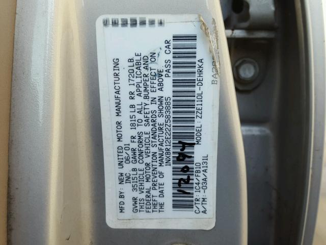 1NXBR12E22Z583885 - 2002 TOYOTA COROLLA CE SILVER photo 10