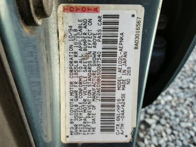 JT2AE09B6S0087540 - 1995 TOYOTA COROLLA LE GREEN photo 10