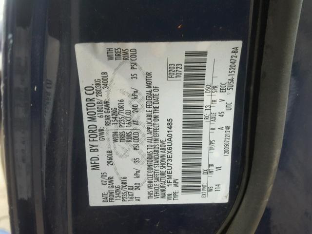 1FMEU73EX6UA01485 - 2006 FORD EXPLORER X BLUE photo 10