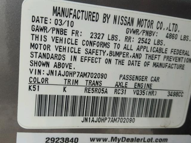 JN1AJ0HP7AM702090 - 2010 INFINITI EX35 BASE GRAY photo 10