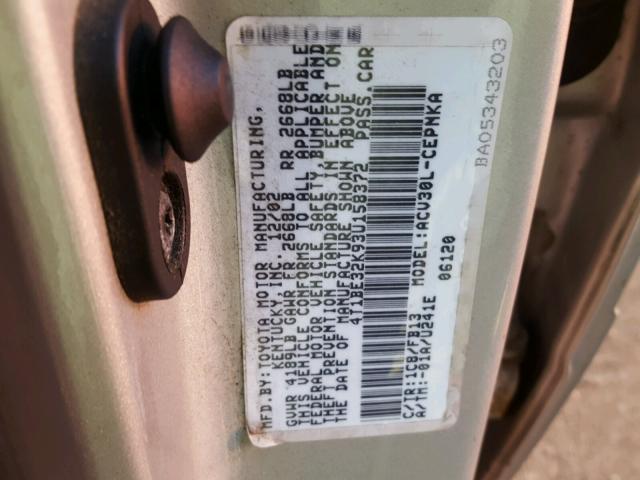 4T1BE32K93U158372 - 2003 TOYOTA CAMRY LE ვერცხლისფერი ფოტო 10