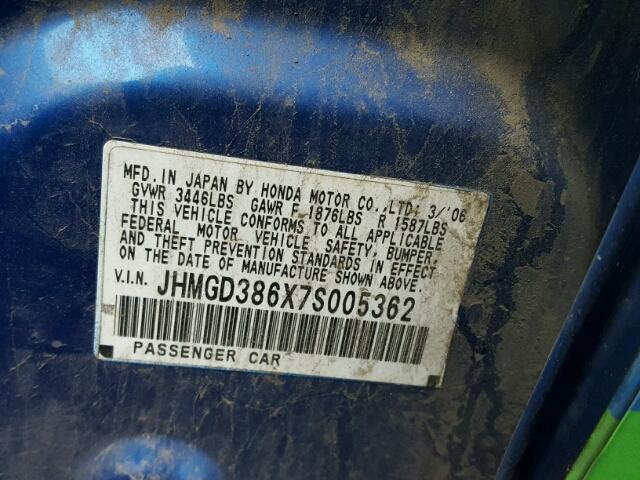 JHMGD386X7S005362 - 2007 HONDA FIT S BLUE photo 10