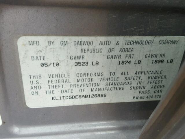 KL1TD5DE8AB126866 - 2010 CHEVROLET AVEO LS 灰色 照片 10