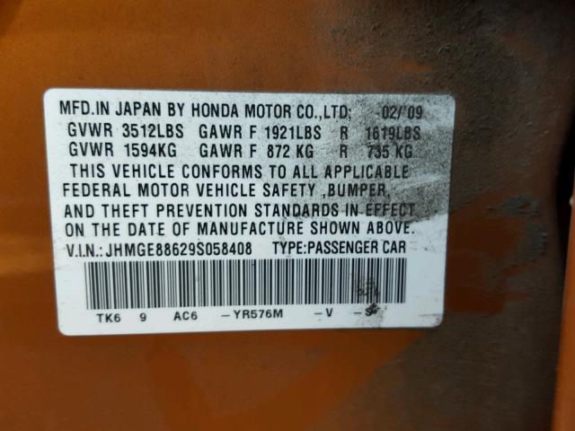 JHMGE88629S058408 - 2009 HONDA FIT SPORT ORANGE photo 10