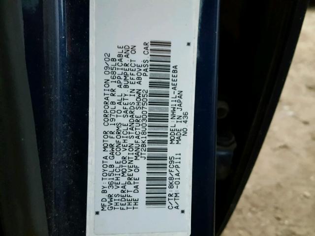 JT2BK18U030075052 - 2003 TOYOTA PRIUS BLUE photo 10