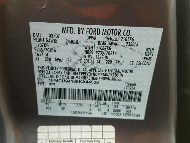 1FMCU94168KA44508 - 2008 FORD ESCAPE LIM GRAY photo 10