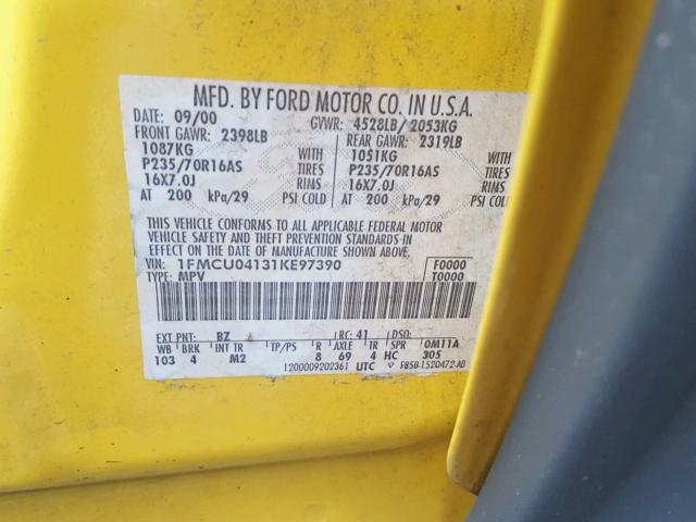 1FMCU04131KE97390 - 2001 FORD ESCAPE XLT YELLOW photo 10