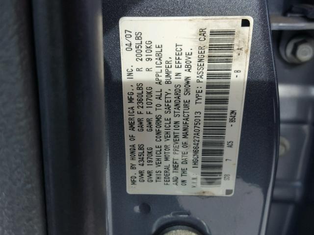 1HGCM66427A075013 - 2007 HONDA ACCORD SE GRAY photo 10