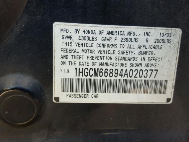 1HGCM66894A020377 - 2004 HONDA ACCORD EX BLACK photo 10