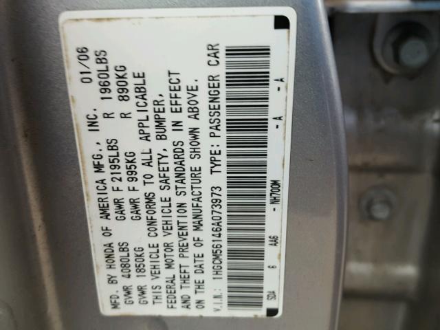 1HGCM56146A073973 - 2006 HONDA ACCORD VAL SILVER photo 10