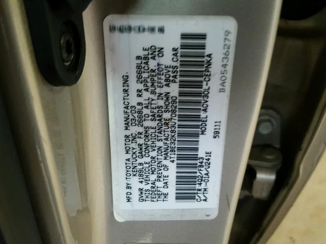 4T1BE32K83U708290 - 2003 TOYOTA CAMRY LE ოქროსფერი ფოტო 10