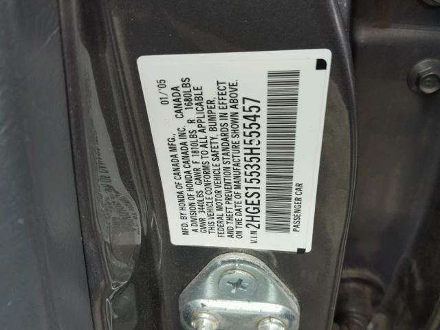 2HGES15535H555457 - 2005 HONDA CIVIC LX GRAY photo 10