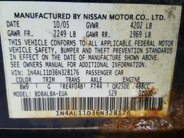 1N4AL11D36N328176 - 2006 NISSAN ALTIMA S BLUE photo 10