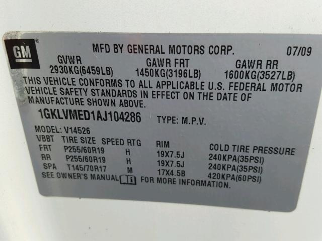 1GKLVMED1AJ104286 - 2010 GMC ACADIA SLT 奶油色 照片 10