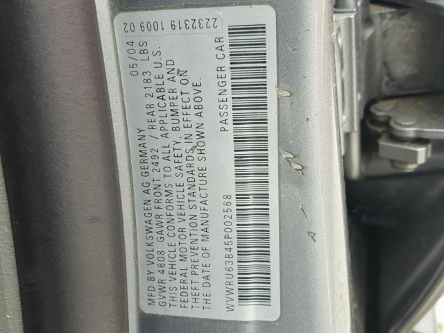 WVWRU63B45P002568 - 2005 VOLKSWAGEN PASSAT GLX GRAY photo 10