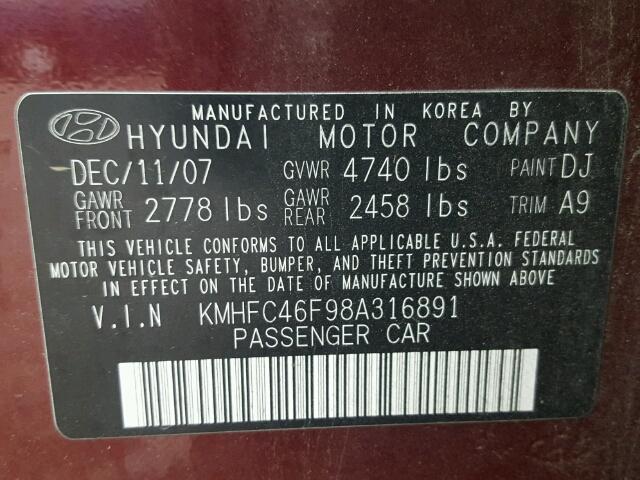 KMHFC46F98A316891 - 2008 HYUNDAI AZERA SE RED photo 10