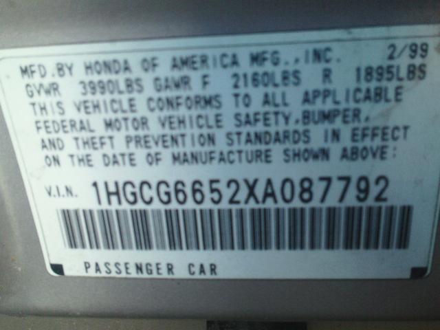 1HGCG6652XA087792 - 1999 HONDA ACCORD LX SILVER photo 10