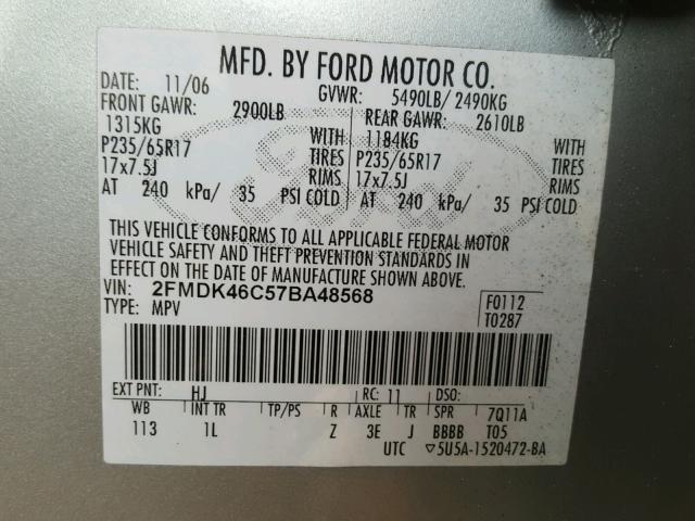 2FMDK46C57BA48568 - 2007 FORD EDGE SE GRAY photo 10