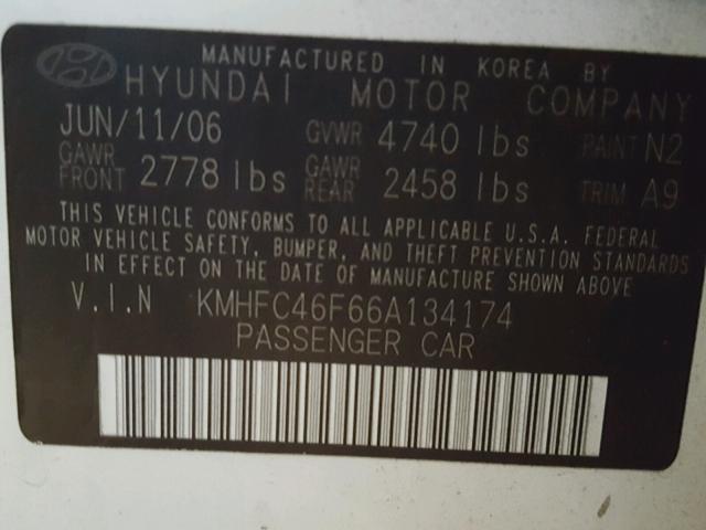 KMHFC46F66A134174 - 2006 HYUNDAI AZERA SE WHITE photo 10