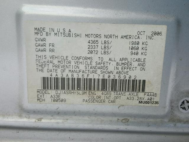 4A3AB36F17E036902 - 2007 MITSUBISHI GALANT ES SILVER photo 10