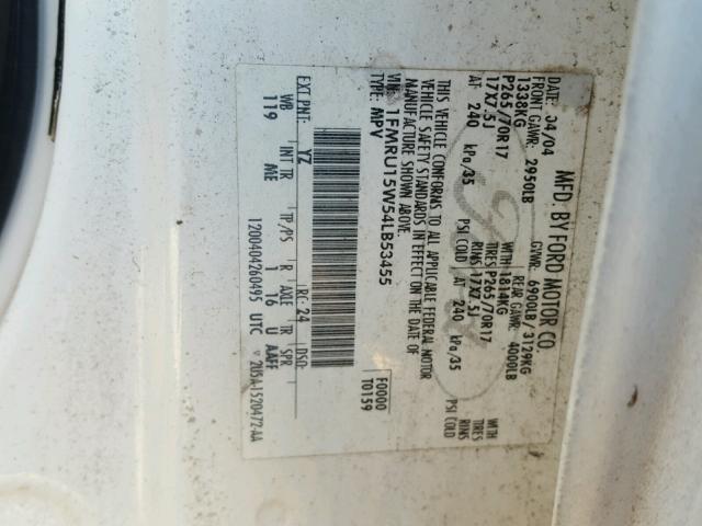 1FMRU15W54LB53455 - 2004 FORD EXPEDITION WHITE photo 10