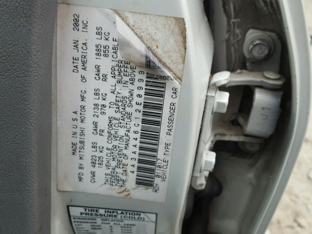 4A3AA46G12E099993 - 2002 MITSUBISHI GALANT ES WHITE photo 10