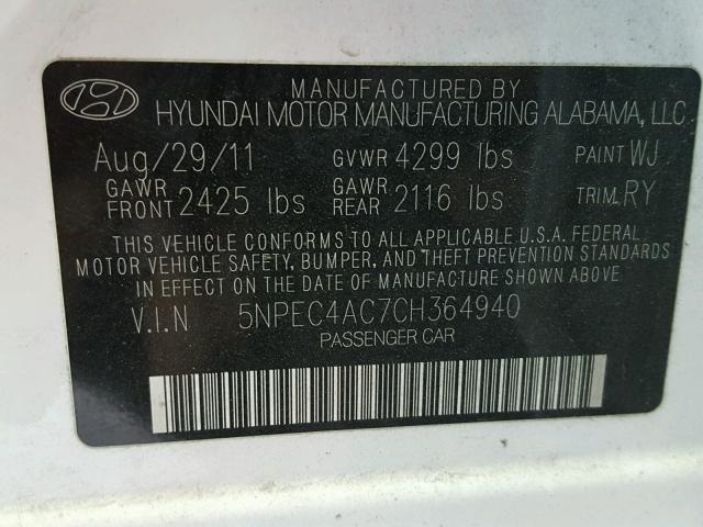 5NPEC4AC7CH364940 - 2012 HYUNDAI SONATA SE WHITE photo 10