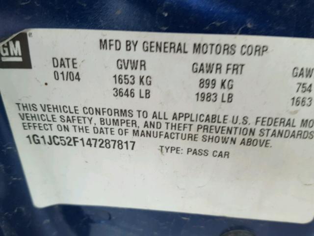 1G1JC52F147287817 - 2004 CHEVROLET CAVALIER BLUE photo 10