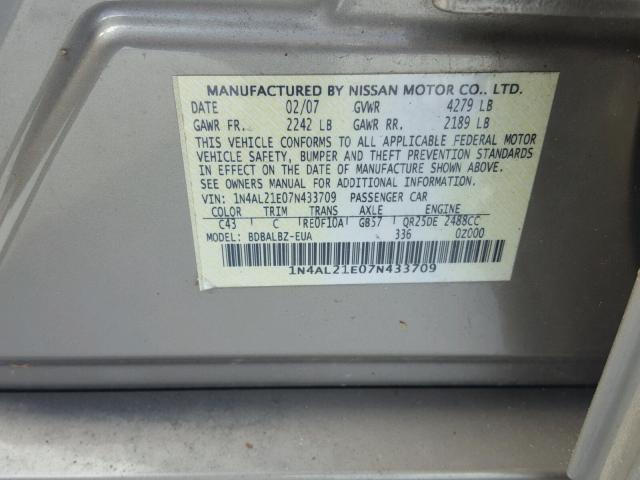 1N4AL21E07N433709 - 2007 NISSAN ALTIMA 2.5 BROWN photo 10