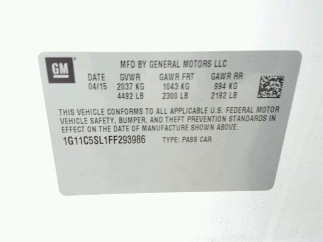 1G11C5SL1FF293986 - 2015 CHEVROLET MALIBU 1LT თეთრი ფოტო 10