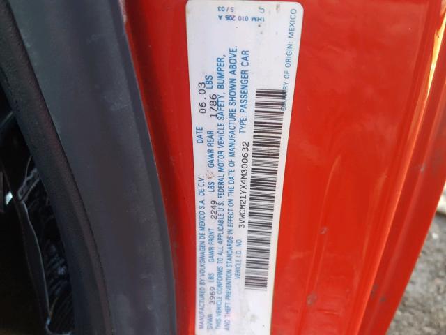 3VWCM21YX4M300632 - 2004 VOLKSWAGEN NEW BEETLE 红色 照片 10
