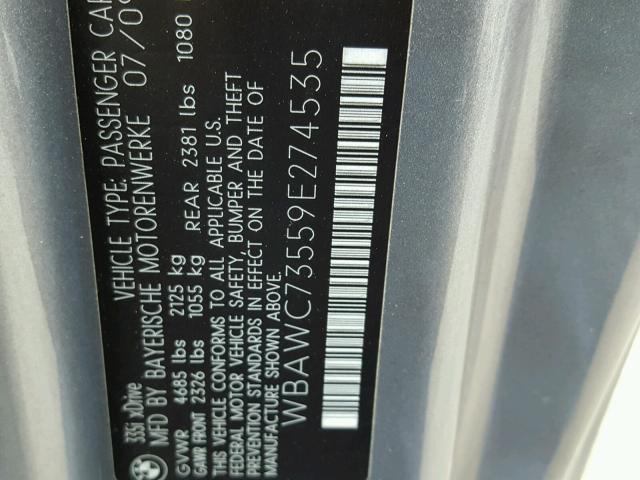 WBAWC73559E274535 - 2009 BMW 335 XI GRAY photo 10