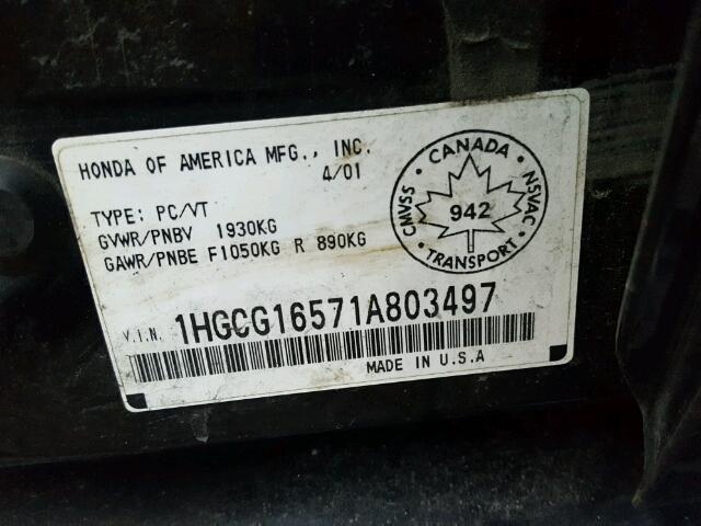 1HGCG16571A803497 - 2001 HONDA ACCORD EX BLACK photo 10