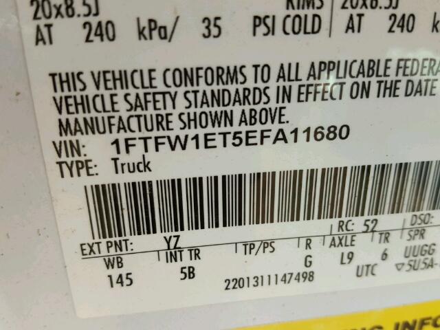 1FTFW1ET5EFA11680 - 2014 FORD F150 SUPER WHITE photo 10