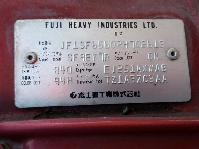 JF1SF65602H702613 - 2002 SUBARU FORESTER S 红色 照片 10