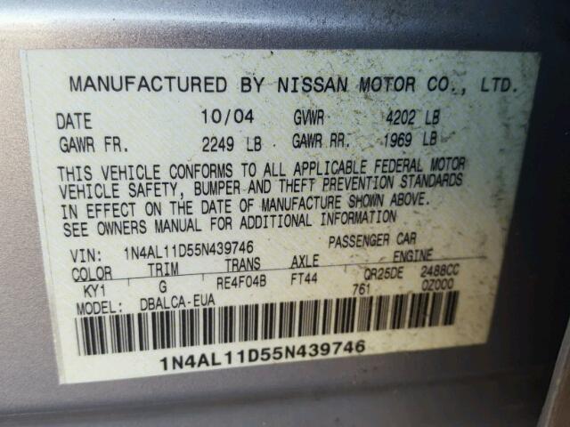 1N4AL11D55N439746 - 2005 NISSAN ALTIMA S SILVER photo 10