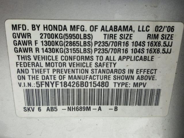 5FNYF18426B015480 - 2006 HONDA PILOT EX SILVER photo 10