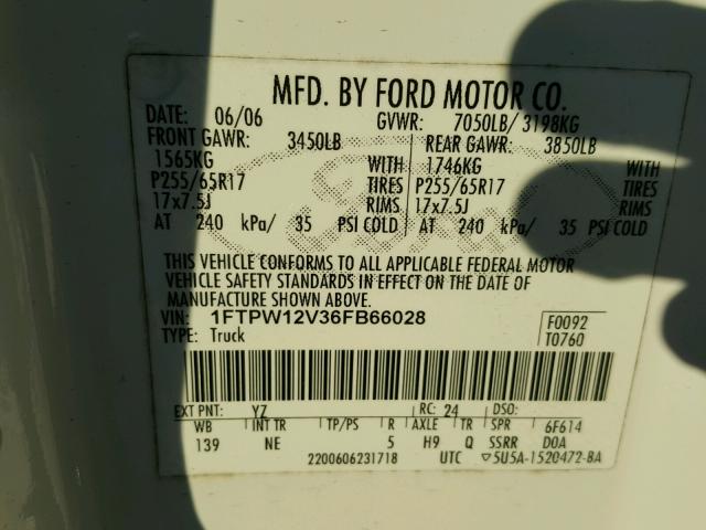 1FTPW12V36FB66028 - 2006 FORD F150 SUPER WHITE photo 10