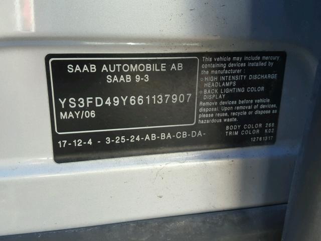 YS3FD49Y661137907 - 2006 SAAB 9-3 BASE SILVER photo 10