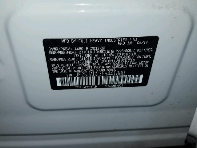 JF2SJABC3FH441880 - 2015 SUBARU FORESTER 2 WHITE photo 10