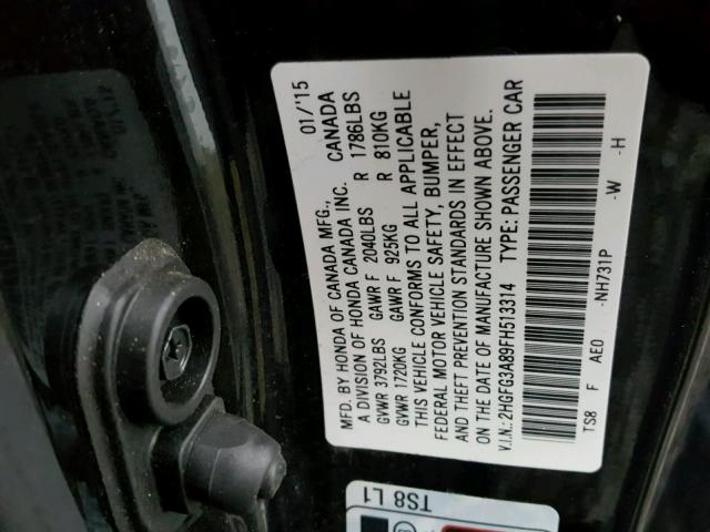 2HGFG3A89FH513314 - 2015 HONDA CIVIC EX 黑色 照片 10