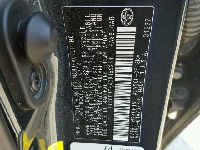 4T1BF1FK4CU189251 - 2012 TOYOTA CAMRY BASE BLUE photo 10