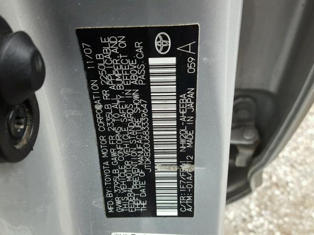 JTDKB20U683339647 - 2008 TOYOTA PRIUS SILVER photo 10