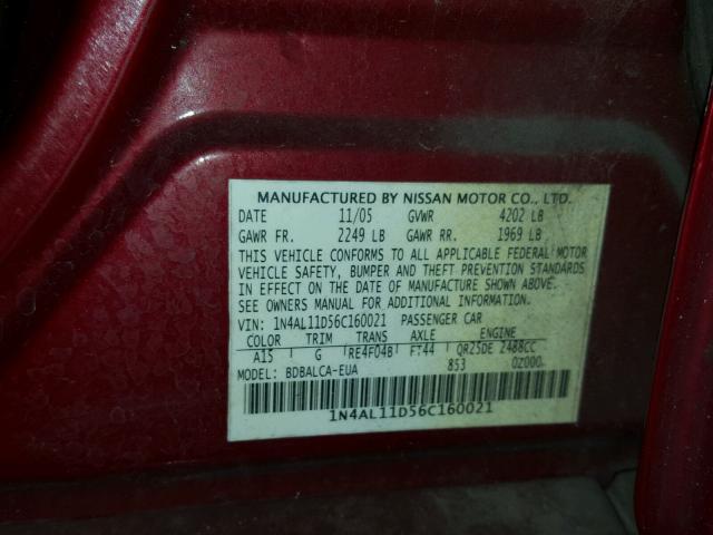 1N4AL11D56C160021 - 2006 NISSAN ALTIMA S BURGUNDY photo 10