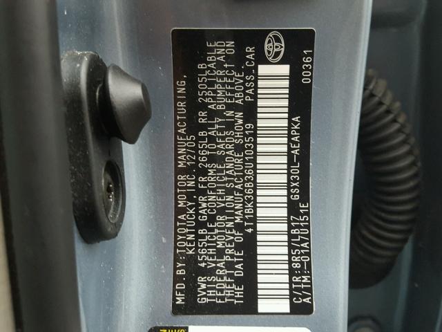 4T1BK36B36U103519 - 2006 TOYOTA AVALON XL BLUE photo 10