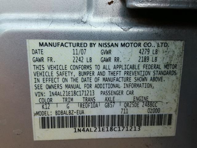 1N4AL21E18C171213 - 2008 NISSAN ALTIMA 2.5 SILVER photo 10